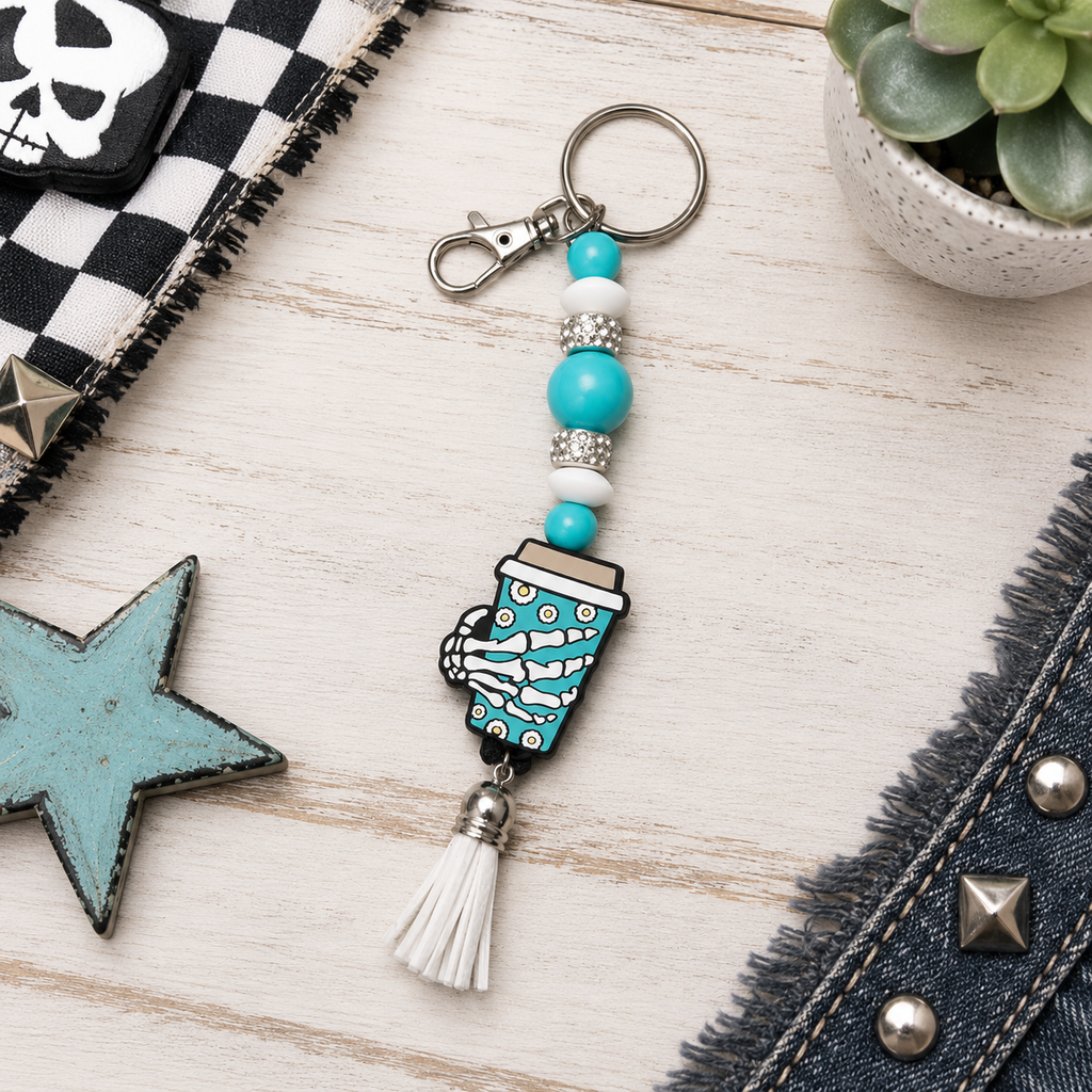 Turquoise & White Skull Hand Coffee Mug Keychain | Handmade Gothic Beaded Keychain | Spooky Coffee Lover Gift | Halloween Bag Charm | Alternative Accessory
