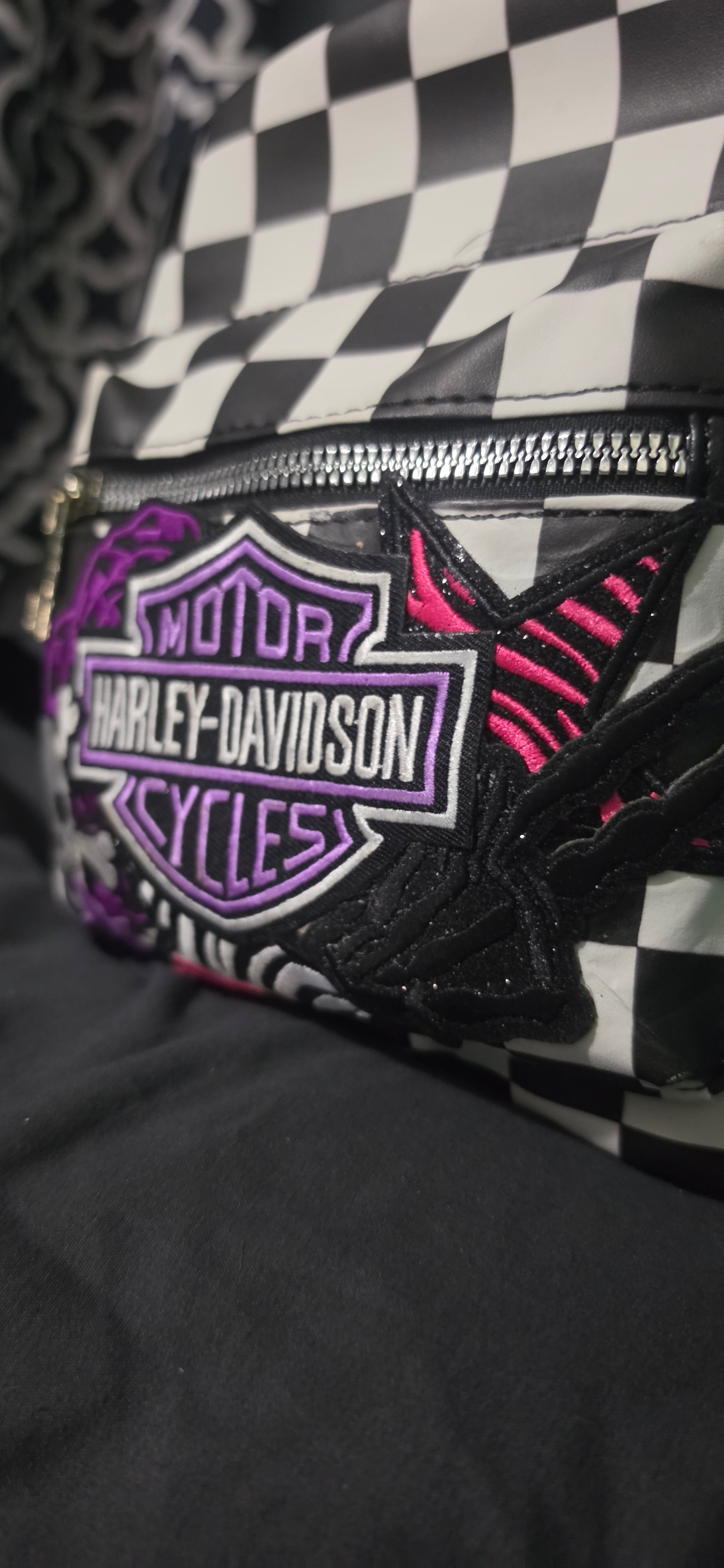 Black & White Checkered Mini Backpack Purse with Purple Embroidered Patch | Punk Rock Backpack | Alternative Style Backpack Purse | Handmade Statement Bag