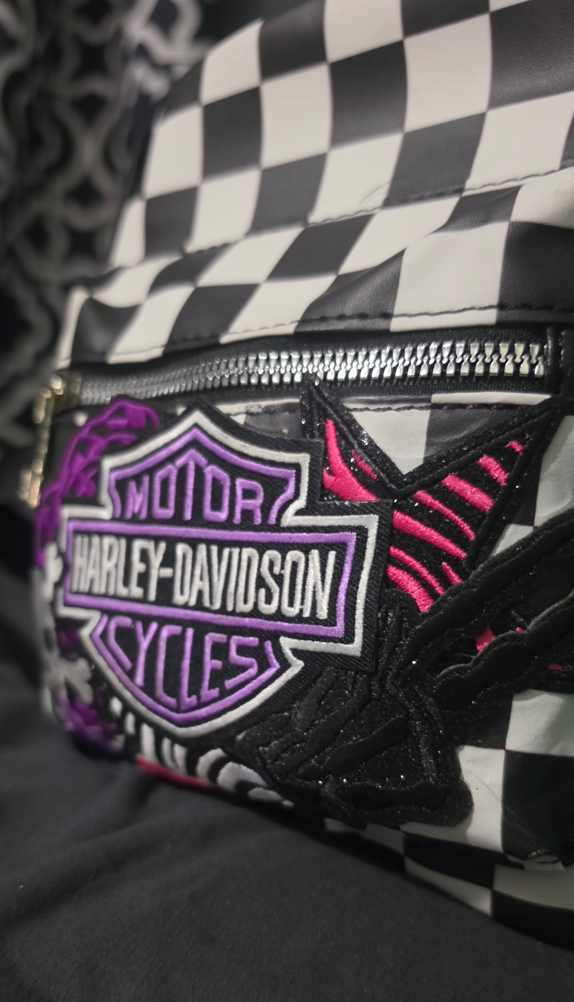 Black & White Checkered Mini Backpack Purse with Purple Embroidered Patch | Punk Rock Backpack | Alternative Style Backpack Purse | Handmade Statement Bag