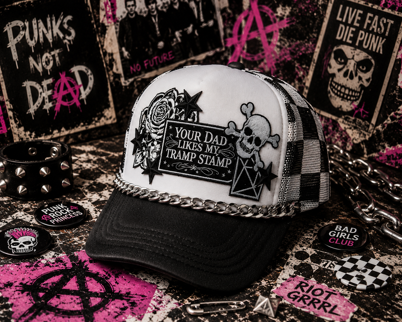 Your Dad Likes My Tramp Stamp Black and White Checkered Trucker Hat | Funny Snapback Hat | Retro Mesh Cap | Sarcastic Gift for Her