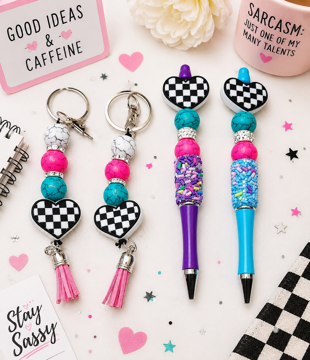 Checkered Heart Gift Set | Handmade Beaded Pen, Hemp Keychain, Vinyl Sticker Bundle | Cute Alternative Gift for Teens, Best Friend & Teacher