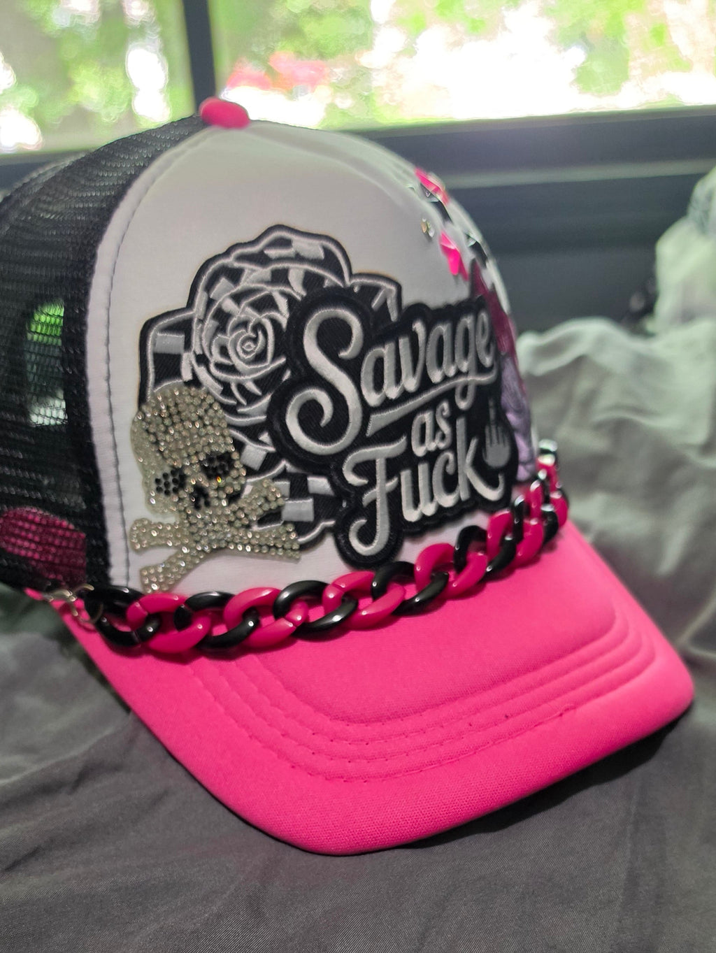 Savage As F*** Trucker Hat – Pink Black & White Snapback with Hat Chain, Sassy Patch Hat, Edgy Biker Babe Cap