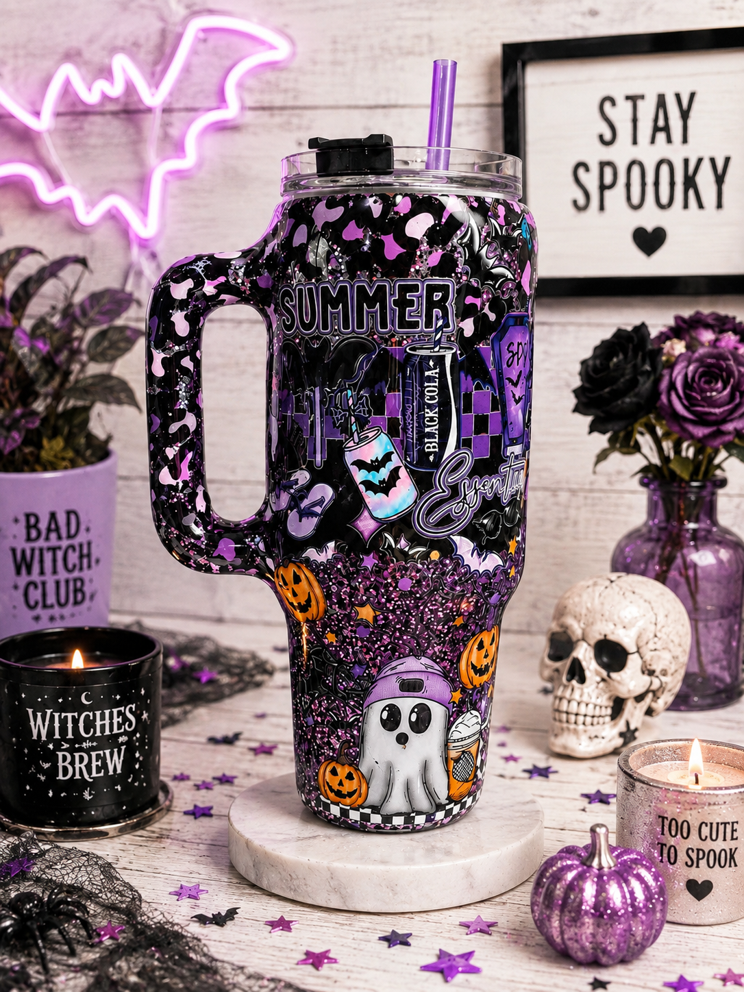 Spooky Summer 40oz Epoxy Tumbler with Handle – Purple & Black Halloween Glitter Cup