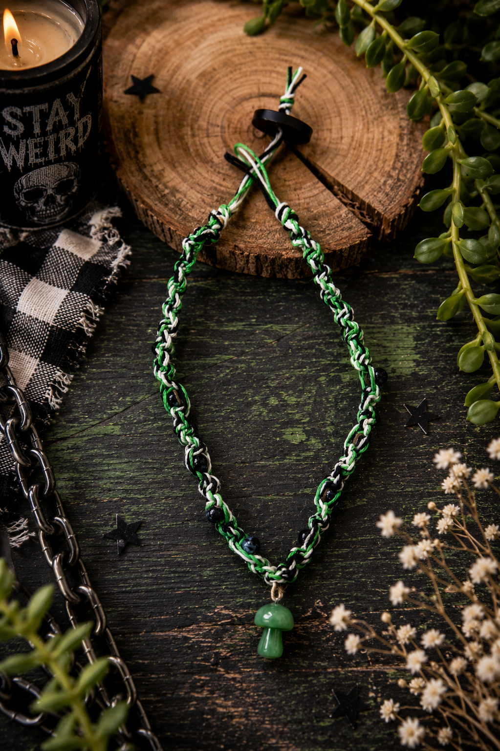 Green Mushroom Hemp Necklace | Handmade Boho Hemp Cord Necklace | Alternative Nature Jewelry