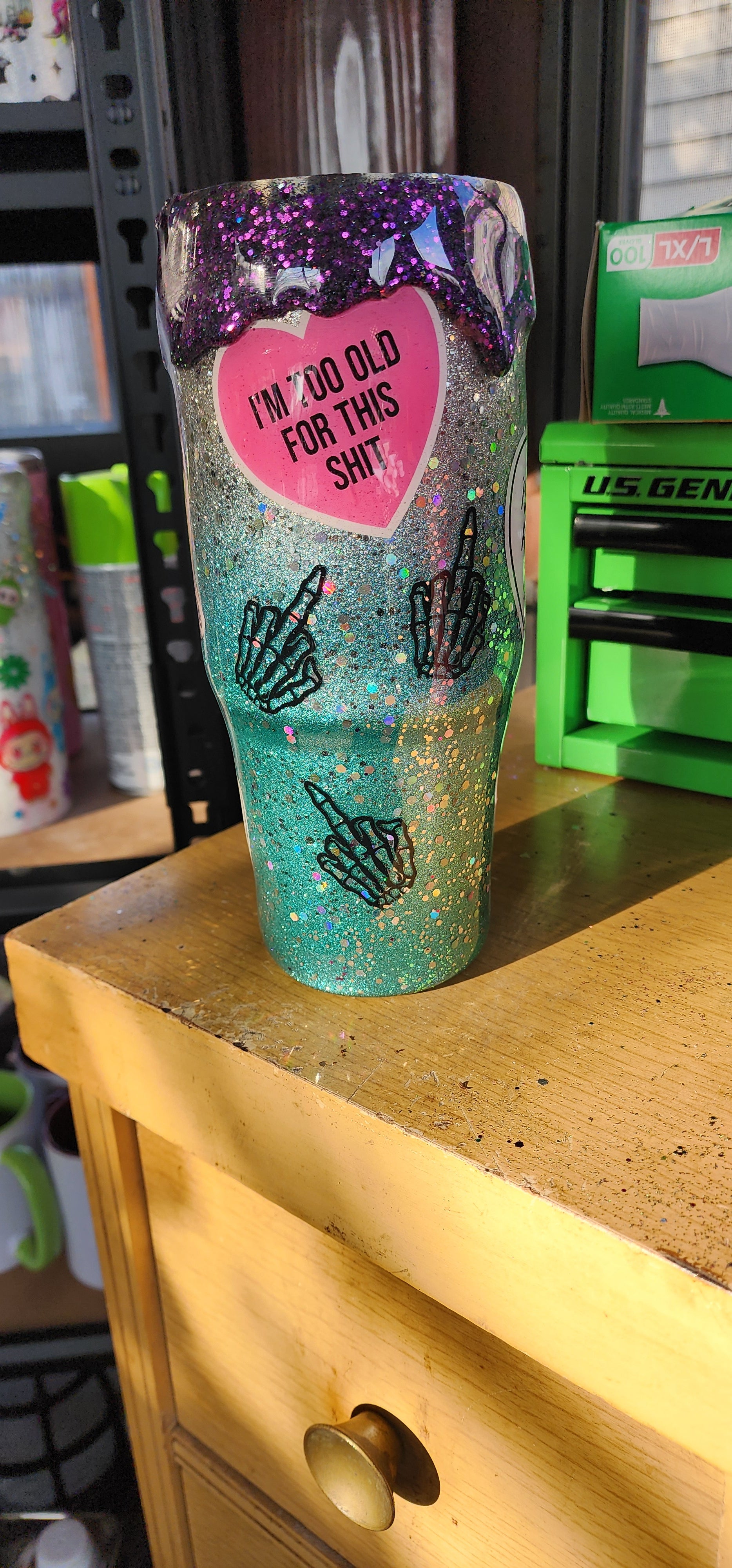 Too Old for This Tumbler 20oz – Turquoise Glitter Purple Drip Epoxy Cup, Funny Sarcastic Stainless Steel Coffee Tumbler