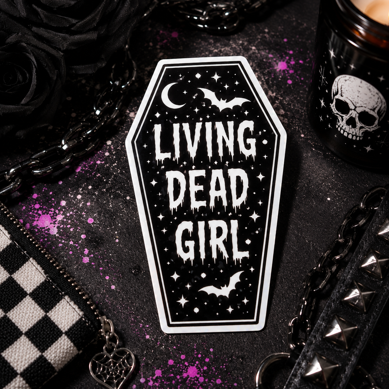 Living Dead Girl Coffin Vinyl Sticker | Gothic Waterproof Coffin Decal | Spooky Halloween Sticker