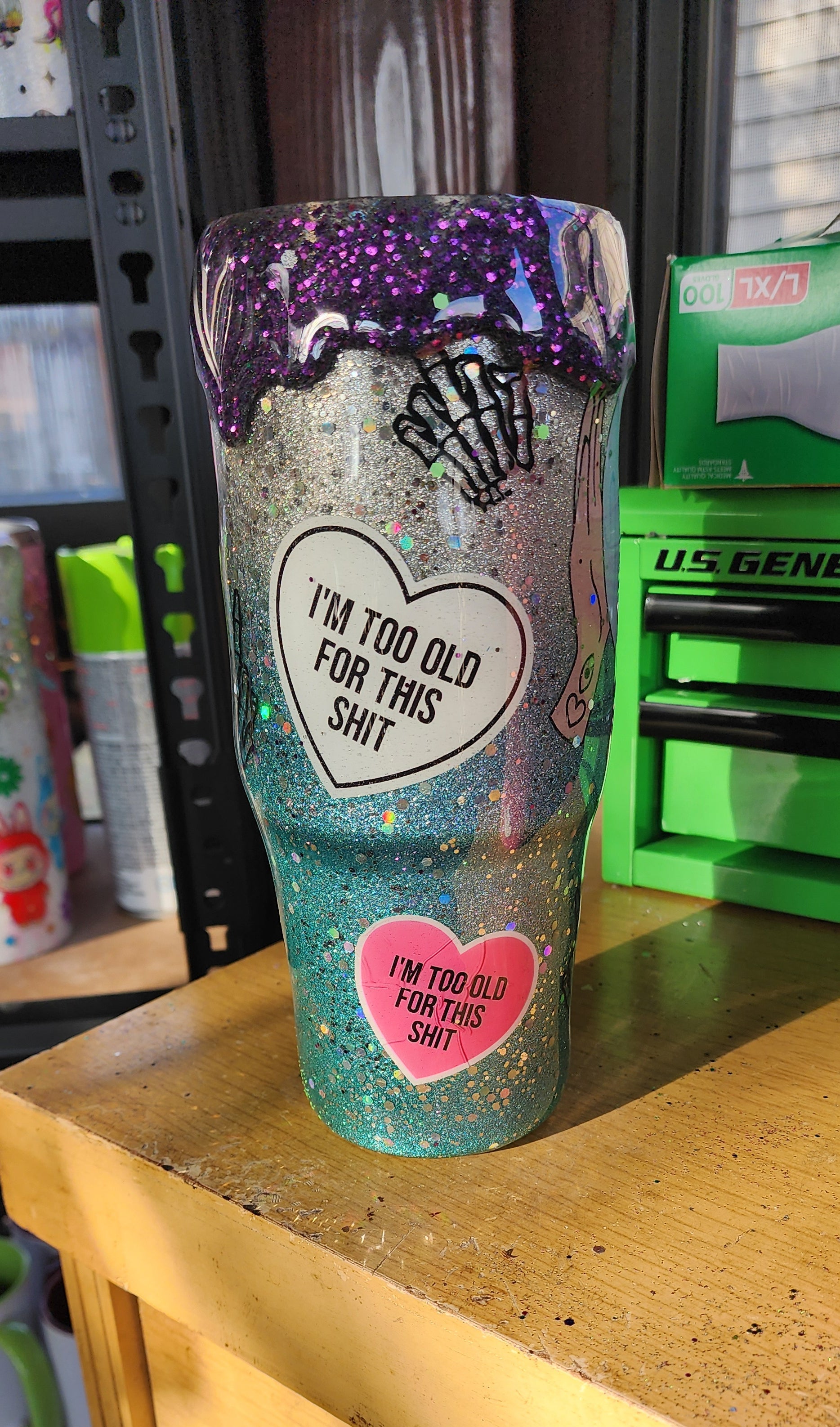 Too Old for This Tumbler 20oz – Turquoise Glitter Purple Drip Epoxy Cup, Funny Sarcastic Stainless Steel Coffee Tumbler