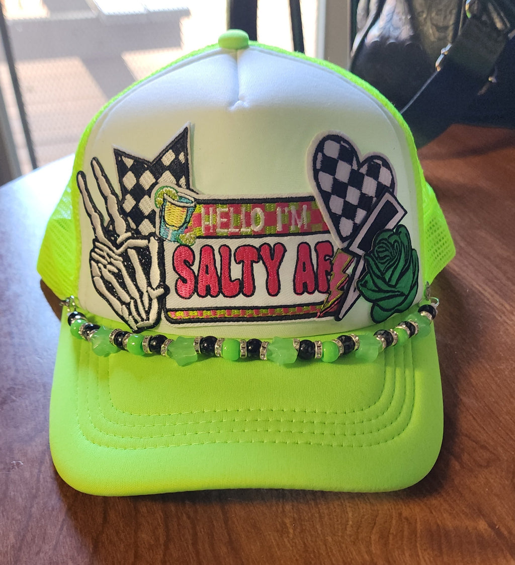 Salty AF Trucker Hat – Neon Green & White Snapback with Checkered Patches, Edgy Festival Hat, Alternative Streetwear Cap