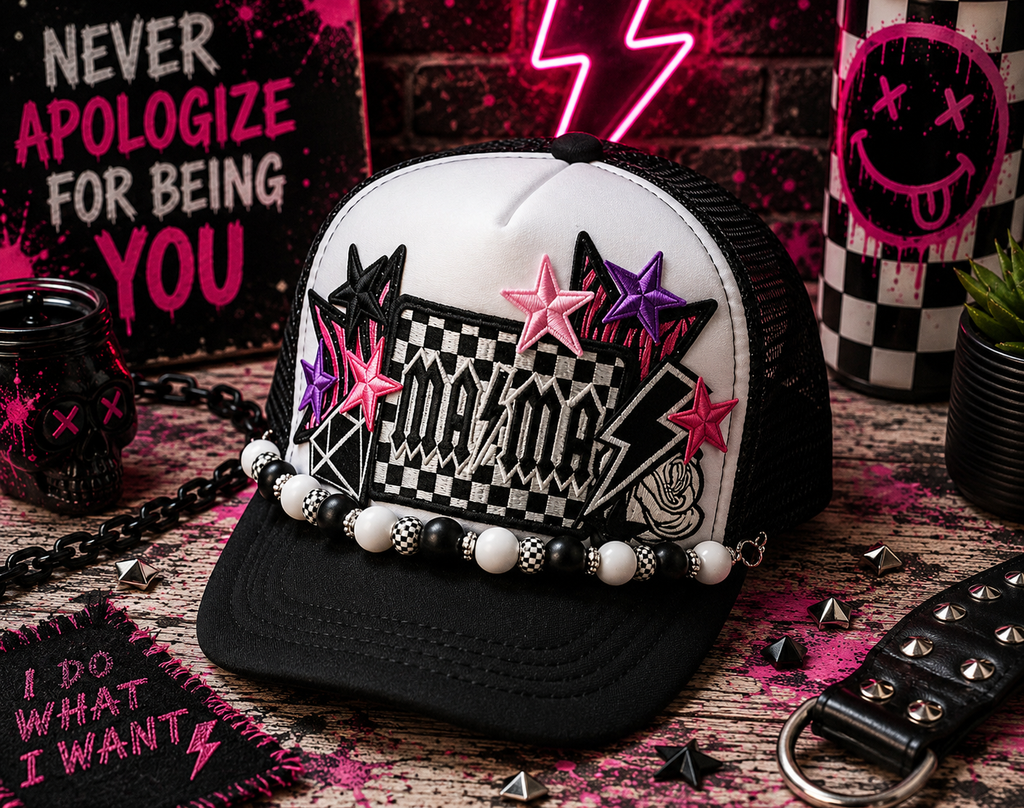 Checkered MAMA Trucker Hat – Retro Vibes Patch Snapback, Black & White Mom Hat, Trendy Checkered Trucker Cap