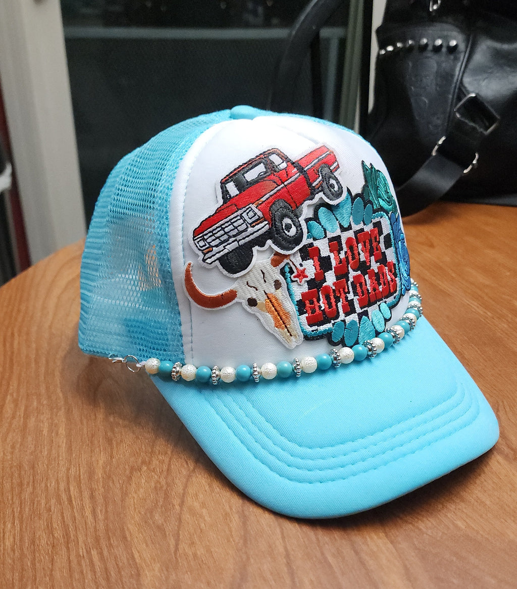 I Love Hot Dads Trucker Hat – Blue & White Western Style Snapback, Funny Patch Hat, Trendy Cowgirl Trucker Cap