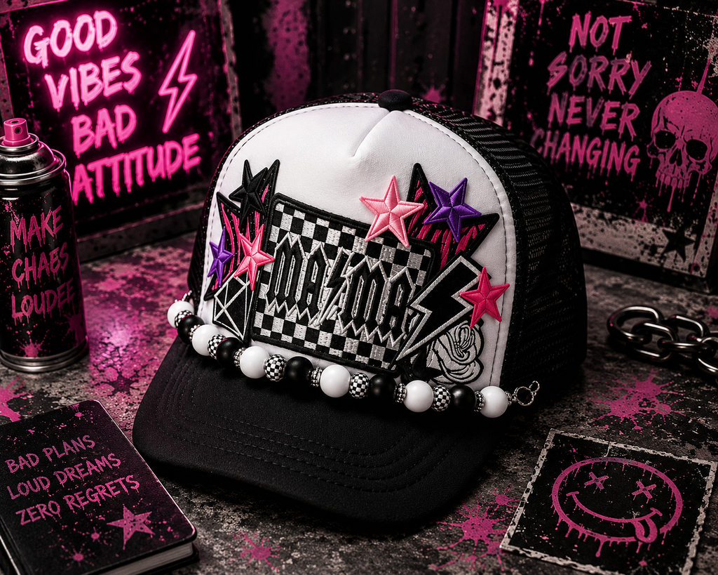 Checkered MAMA Trucker Hat – Retro Vibes Patch Snapback, Black & White Mom Hat, Trendy Checkered Trucker Cap