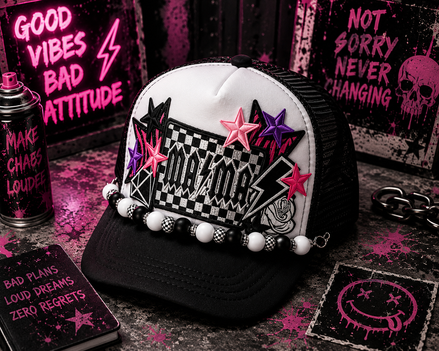 Checkered MAMA Trucker Hat – Retro Vibes Patch Snapback, Black & White Mom Hat, Trendy Checkered Trucker Cap