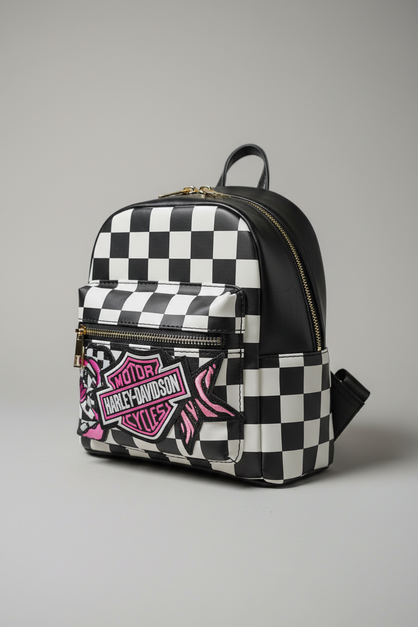 Pink Embroidered Patch Checkered Backpack Purse | Black & White Checkerboard Mini Backpack | Biker-Inspired Bag | Punk Rock Backpack Purse | Alternative Fashion Bag