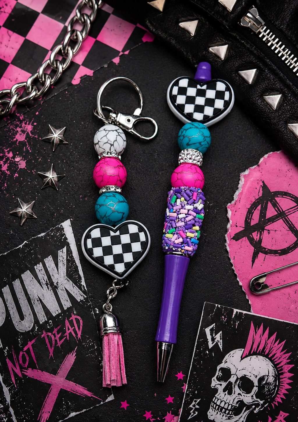 Checkered Heart Gift Set | Handmade Beaded Pen, Hemp Keychain, Vinyl Sticker Bundle | Cute Alternative Gift for Teens, Best Friend & Teacher