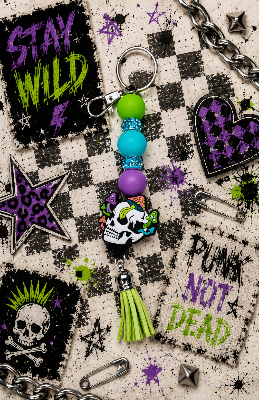 Skull Mushroom Beaded Keychain, Pen & Sticker Gift Set | Gothic Cute Handmade Gift | Alt Aesthetic Stationery Set | Spooky Gift for Her