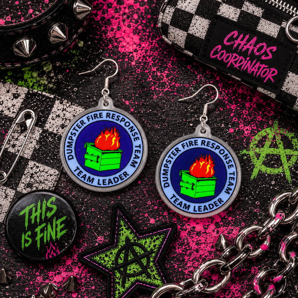 Dumpster Fire Response Team Earrings | Funny Dumpster Fire Dangle Earrings | Handmade Acrylic Statement Jewelry