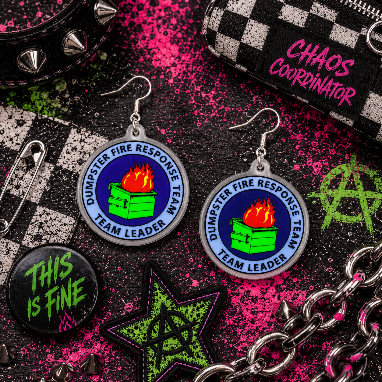 Dumpster Fire Response Team Earrings | Funny Dumpster Fire Dangle Earrings | Handmade Acrylic Statement Jewelry