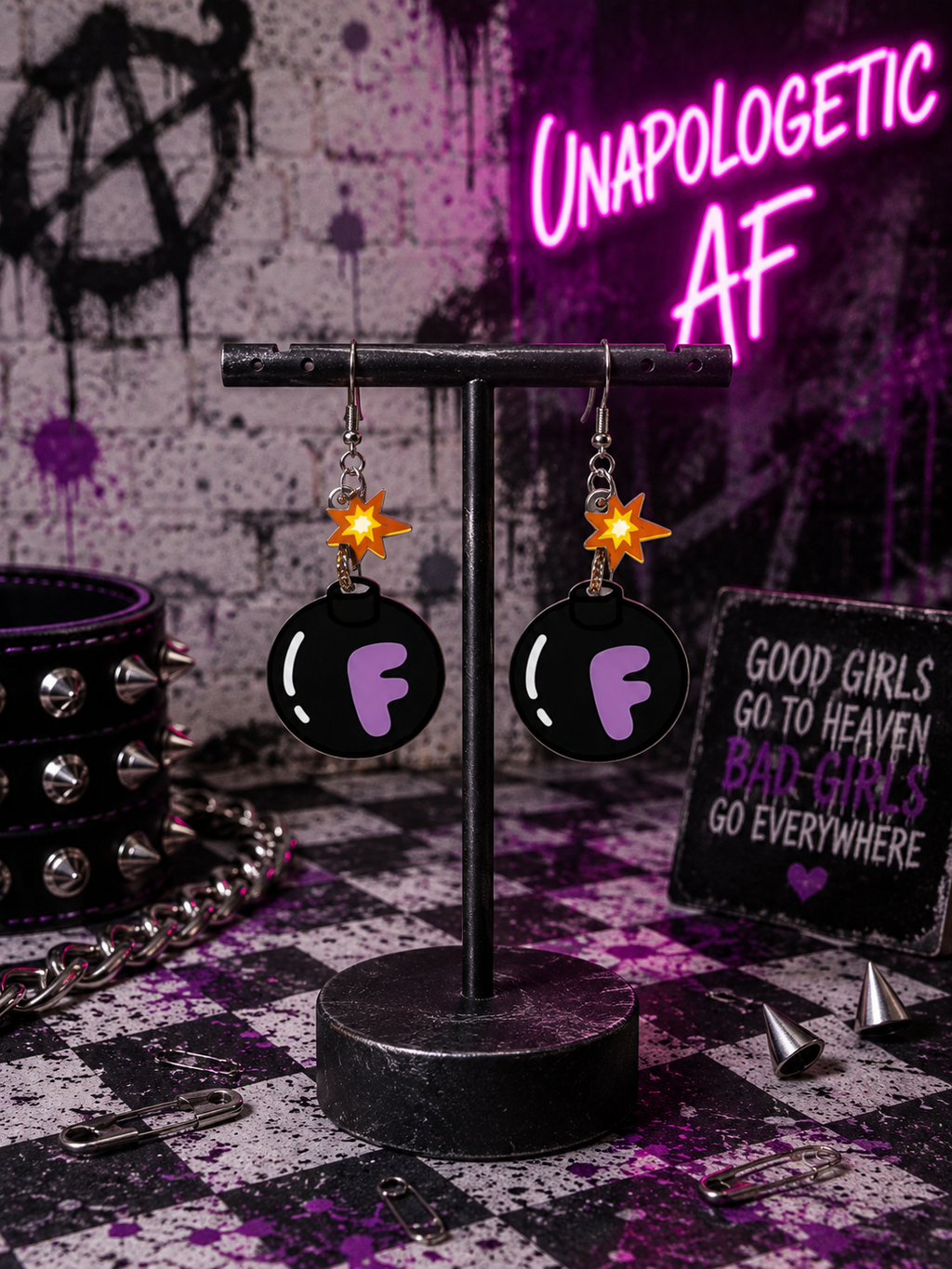 Unapologetic AF F-Bomb Earrings | Funny Black Purple Acrylic Dangle Earrings | Punk Statement Jewelry
