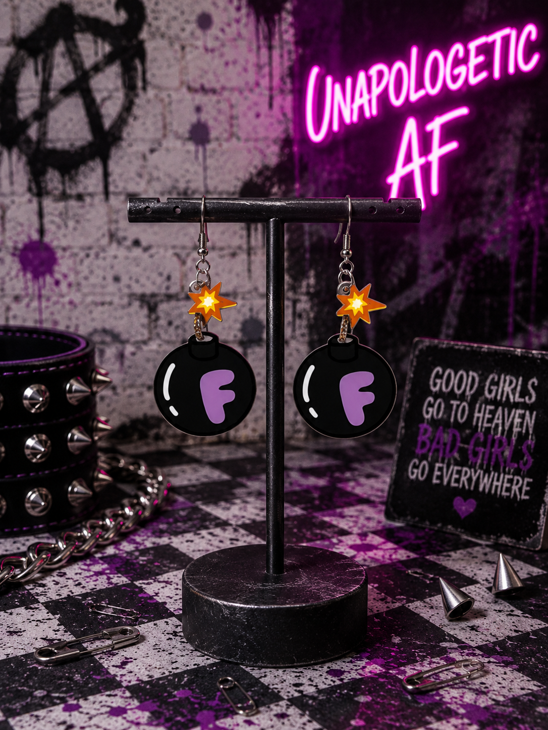 Unapologetic AF F-Bomb Earrings | Funny Black Purple Acrylic Dangle Earrings | Punk Statement Jewelry