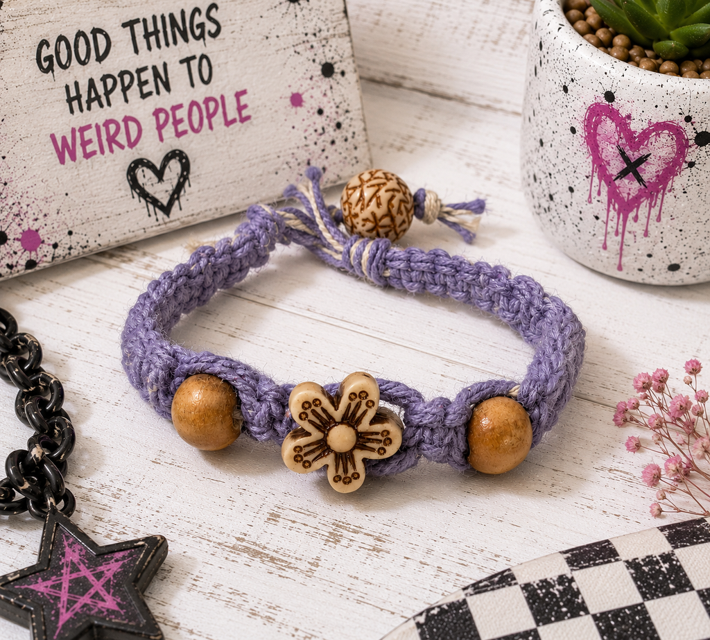 Lavender Hemp Flower Bracelet | Handmade Macrame Bracelet | Adjustable Boho Bracelet | Cotton Cord Jewelry | Hippie Gift | Everyday Bracelet