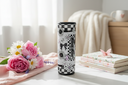 Checkered Mama Tumbler 20oz – Black White Epoxy Cup, Trendy Mom Gift, Stainless Steel Coffee Cup, Handmade Travel Mug