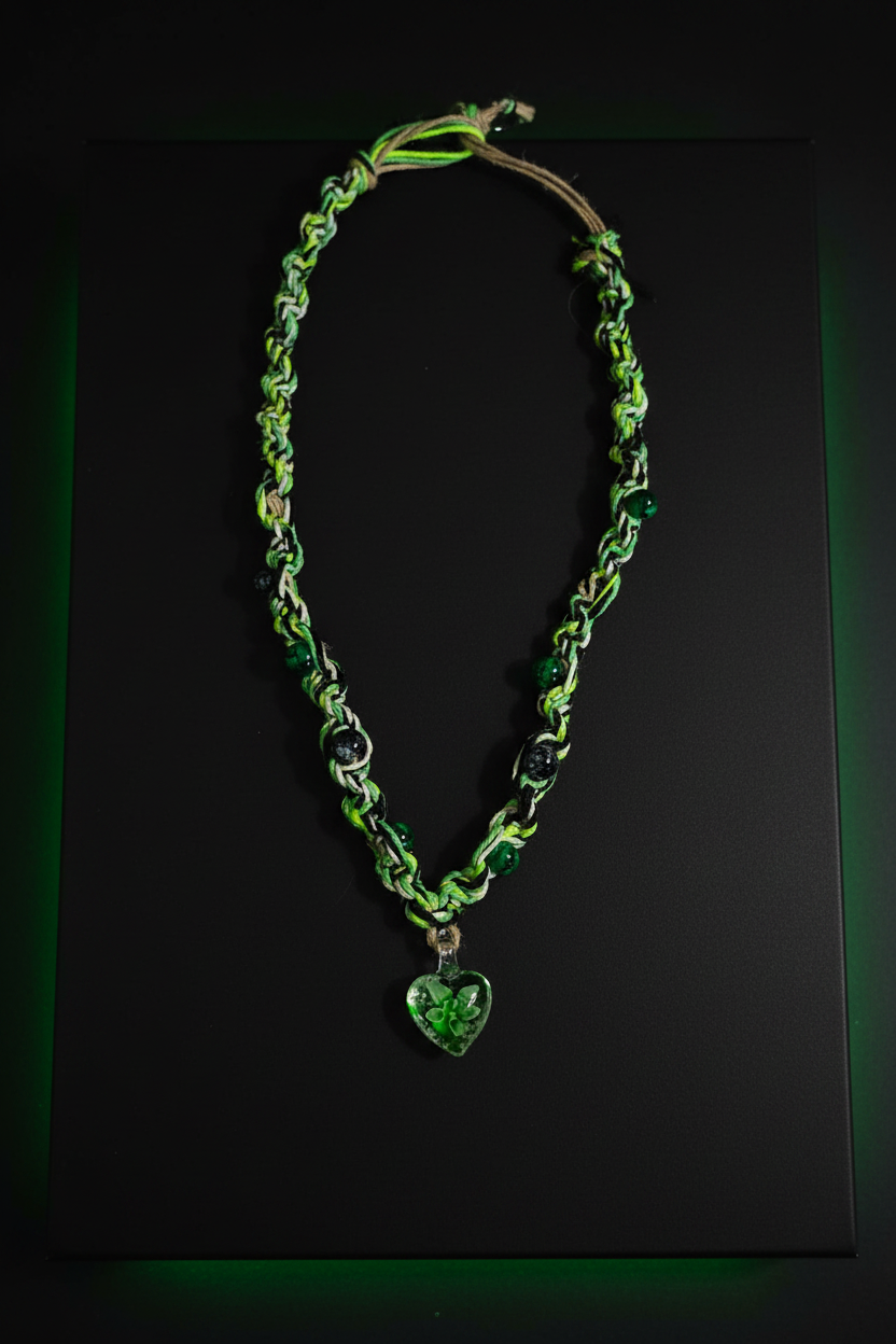 Green Black White & Tan Hemp Necklace – Handmade Boho Hemp Jewelry with Blown Glass Heart Pendant