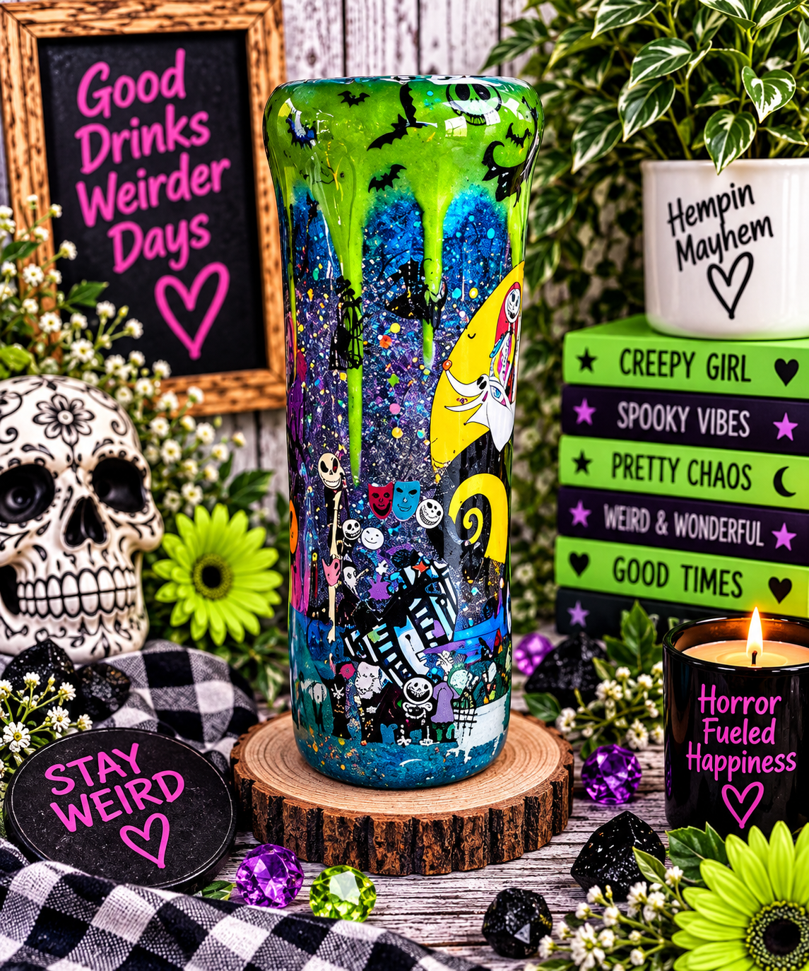 Halloween Glitter Tumbler, Stainless Steel Cup with Epoxy Finish and Metal Straw