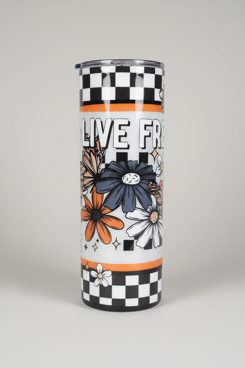 Live Free Floral Glitter Tumbler | 20oz Stainless Steel Epoxy Cup | Silver Sparkle Insulated Drinkware