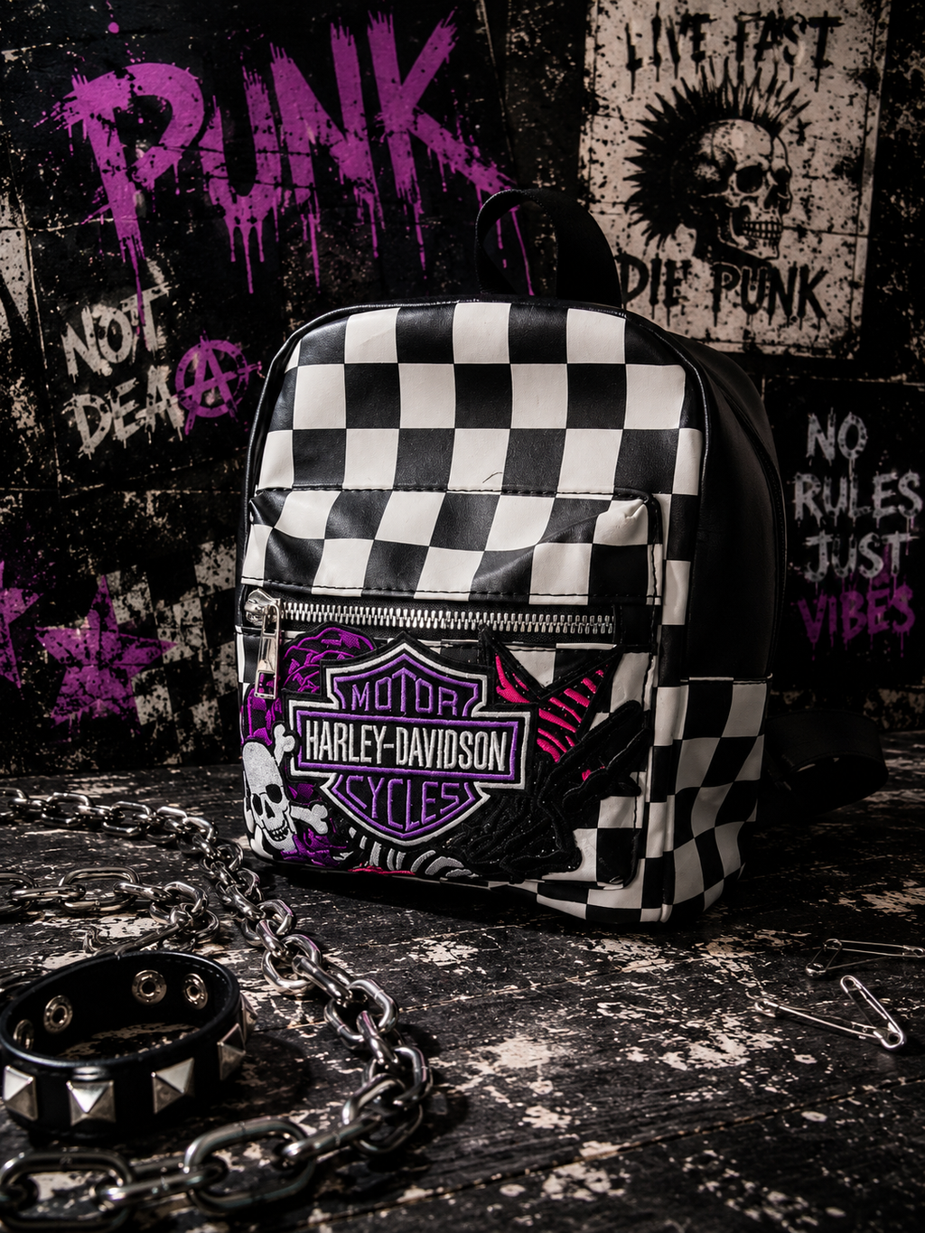 Black & White Checkered Mini Backpack Purse with Purple Embroidered Patch | Punk Rock Backpack | Alternative Style Backpack Purse | Handmade Statement Bag