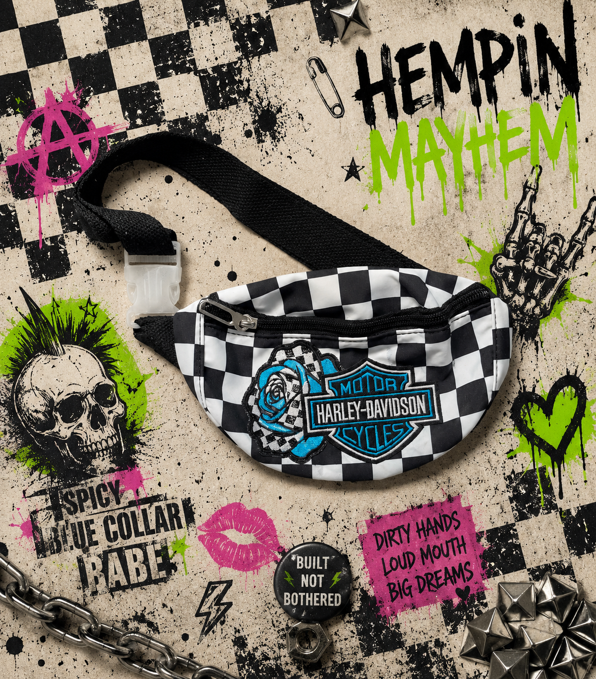 Blue & Black Checkered Bum Bag with Embroidered Motorcycle-Inspired Patch | Adjustable Waist Pack | Festival Bag | Crossbody Fanny Pack | Alternative Style
