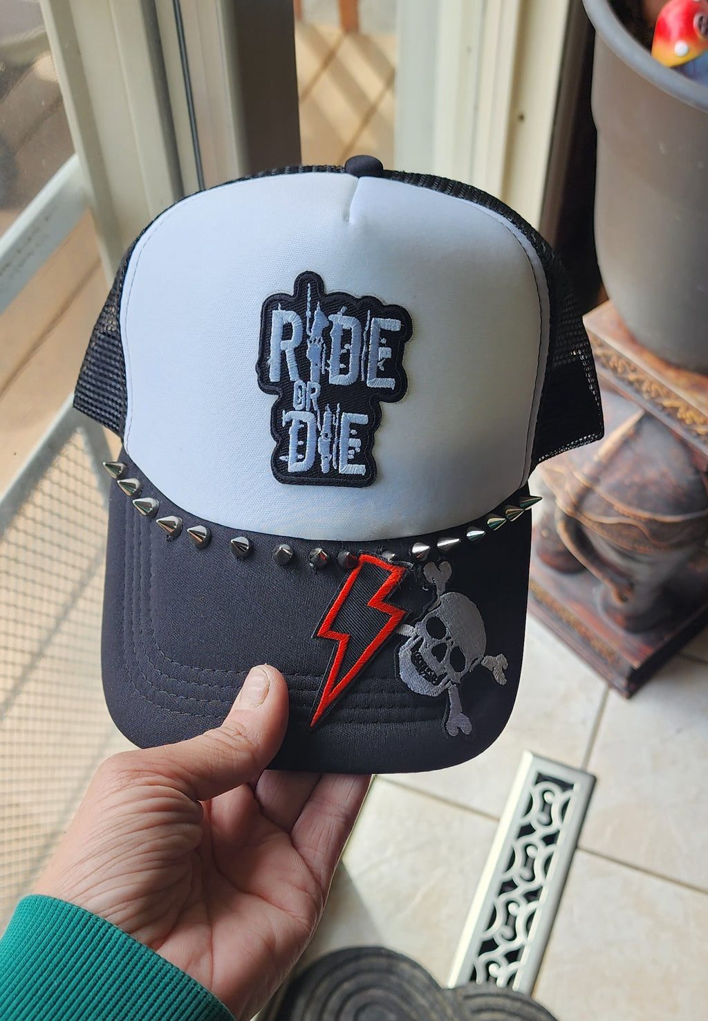 Ride or Die Trucker Hat – Black & White Studded Patch Hat, Edgy Snapback Cap, Biker Western Graphic Trucker Hat