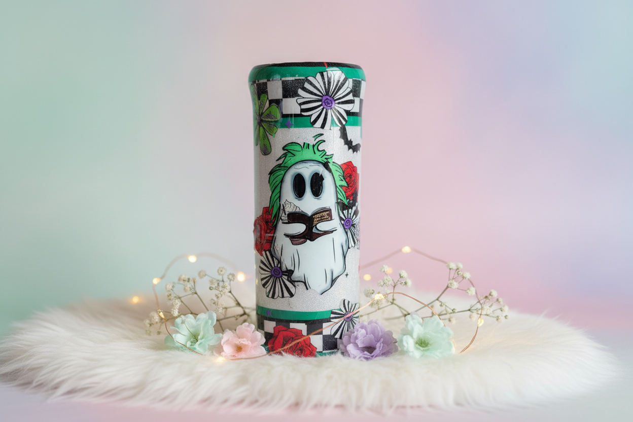 Cute Ghost Glitter Tumbler 20oz – Silver Sparkle Epoxy Cup – Spooky Cute Halloween Coffee Mug – Handmade Stainless Steel Travel Cup
