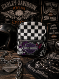 Black & White Checkered Mini Backpack Purse with Purple Embroidered Patch | Punk Rock Backpack | Alternative Style Backpack Purse | Handmade Statement Bag
