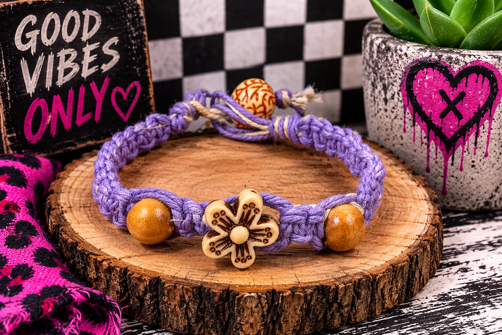 Lavender Hemp Flower Bracelet | Handmade Macrame Bracelet | Adjustable Boho Bracelet | Cotton Cord Jewelry | Hippie Gift | Everyday Bracelet