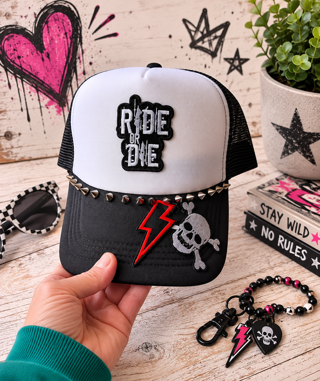 Ride or Die Studded Trucker Hat | Punk Rock Snapback Hat | Black & White Mesh Hat | Handmade Biker Hat | Western Goth Festival Cap | Alternative Streetwear