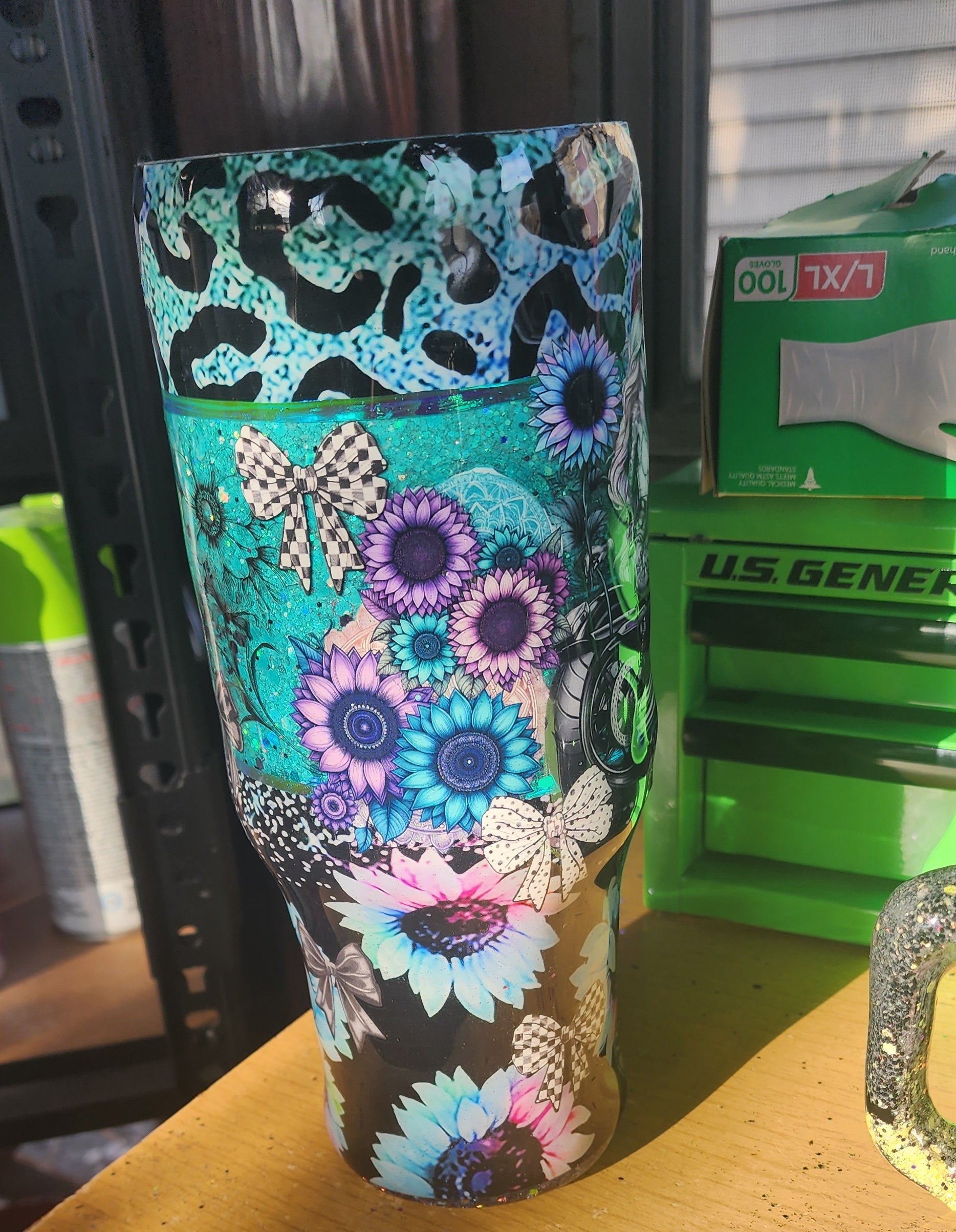 Stronger Than the Storm 40oz Sunflower Tumbler – Turquoise Glitter Epoxy Cup, Inspirational Stainless Steel Handle Tumbler