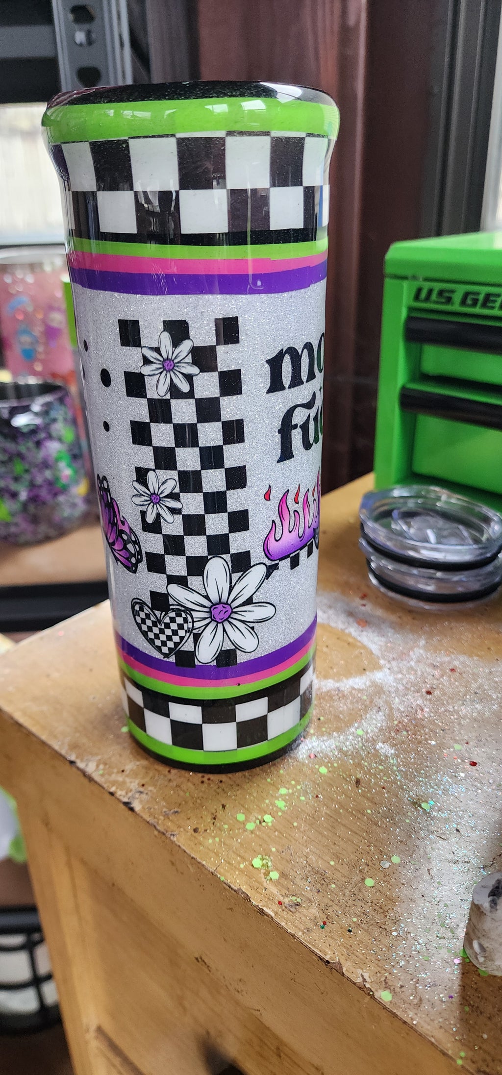 Morning Vibes Checkered Tumbler 20oz Stainless Steel Epoxy Cup, Green Purple Black Silver Glitter Coffee Cup, Funny Sassy Drinkware
