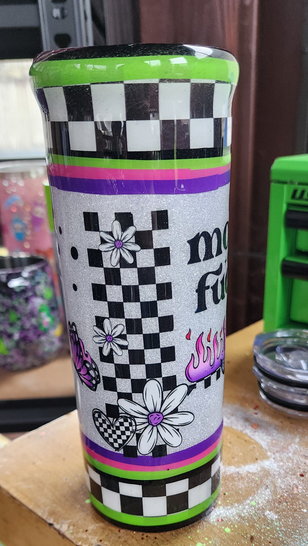 Morning Vibes Checkered Tumbler 20oz Stainless Steel Epoxy Cup, Green Purple Black Silver Glitter Coffee Cup, Funny Sassy Drinkware