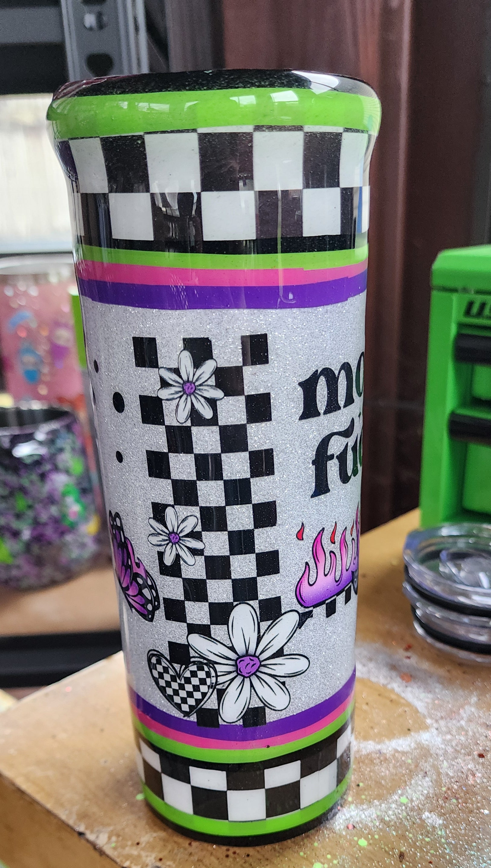 Morning Vibes Checkered Tumbler 20oz Stainless Steel Epoxy Cup, Green Purple Black Silver Glitter Coffee Cup, Funny Sassy Drinkware