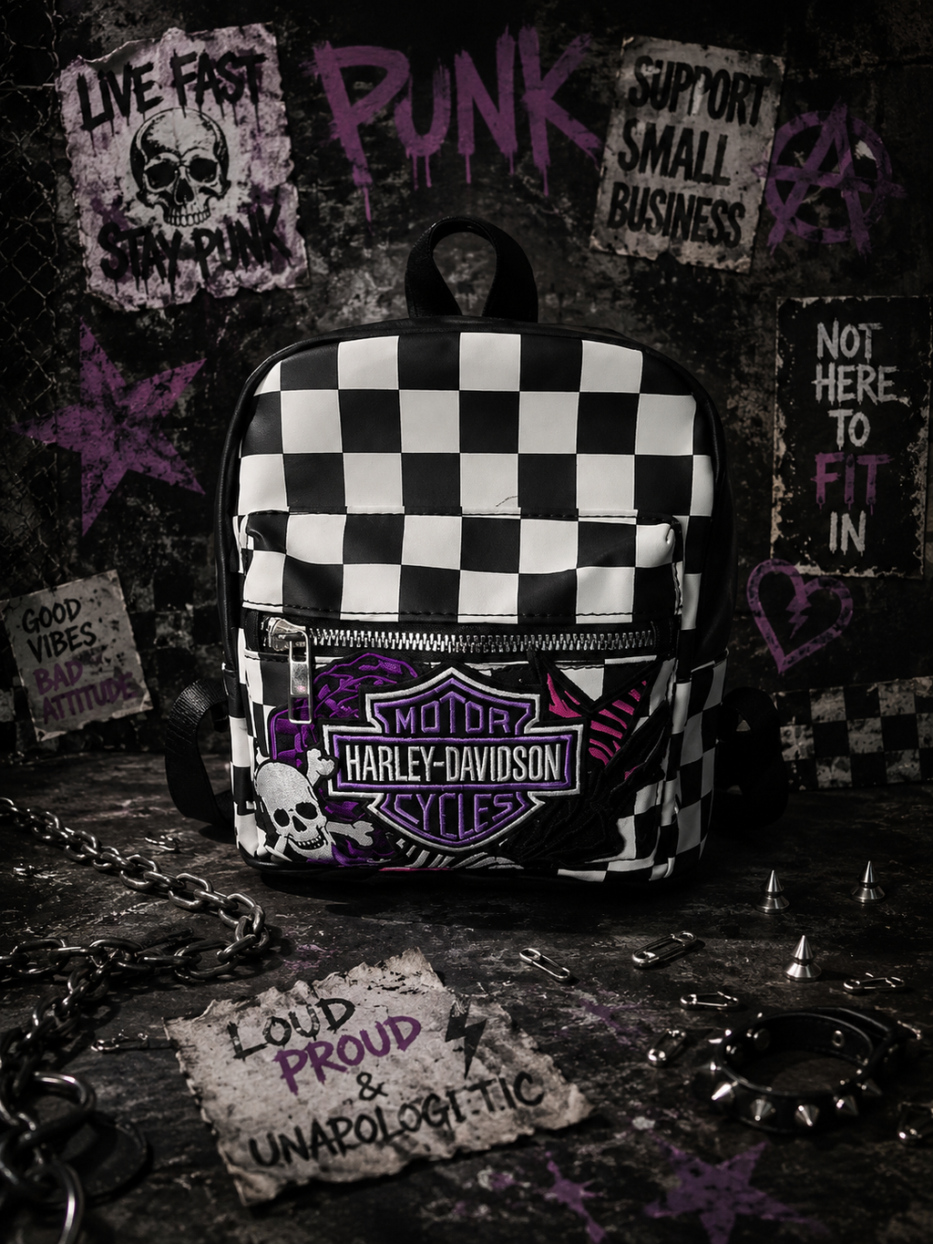 Black & White Checkered Mini Backpack Purse with Purple Embroidered Patch | Punk Rock Backpack | Alternative Style Backpack Purse | Handmade Statement Bag