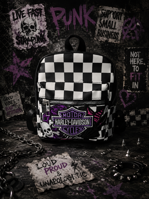 Black & White Checkered Mini Backpack Purse with Purple Embroidered Patch | Punk Rock Backpack | Alternative Style Backpack Purse | Handmade Statement Bag