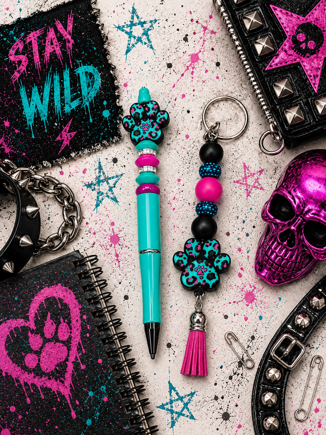 Leopard Paw Print Pen & Keychain Gift Set | Handmade Beaded Pen | Animal Print Office Gift | Cute Teacher Gift | Desk Accessories | Hempin Mayhem