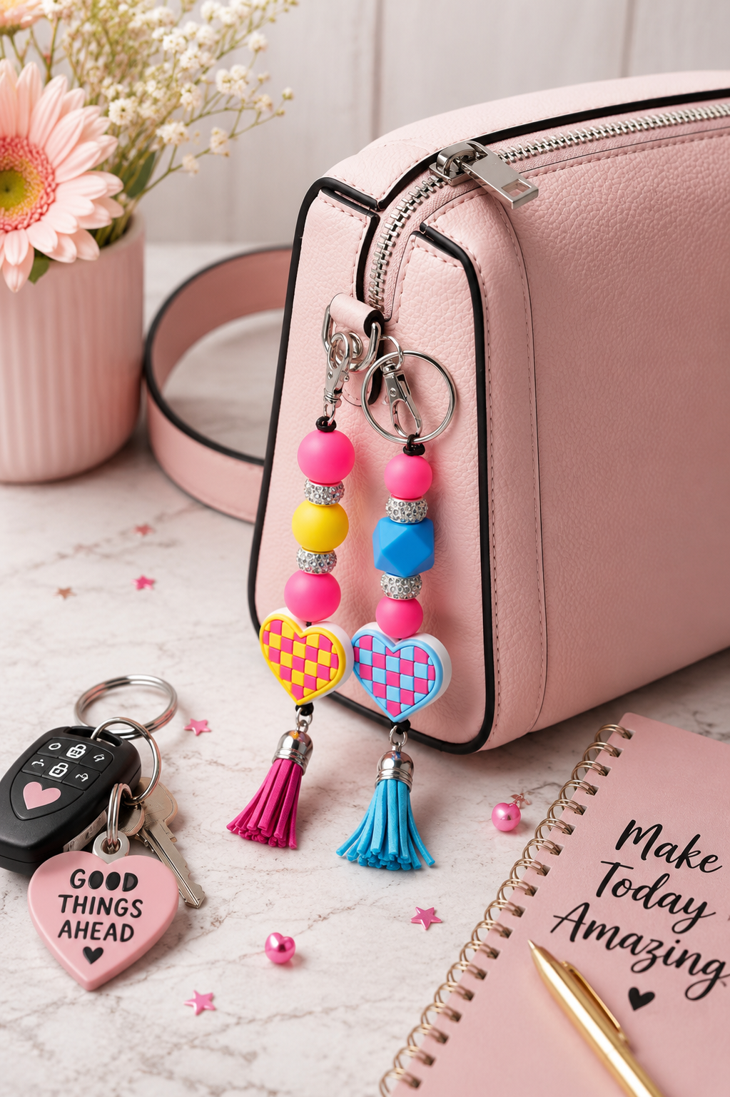 Checkered Heart Beaded Keychain | Handmade Retro Keychain | Cute Backpack & Purse Charm Gift