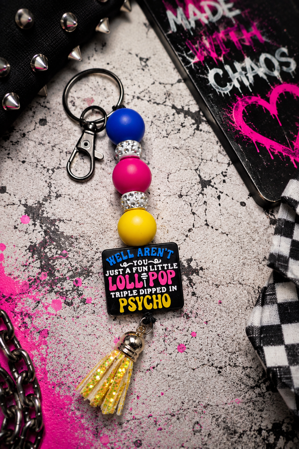 Funny Psycho Lollipop Beaded Keychain | Blue Pink Yellow Handmade Silicone Bead Keychain | Sarcastic Gift for Friends & Coworkers