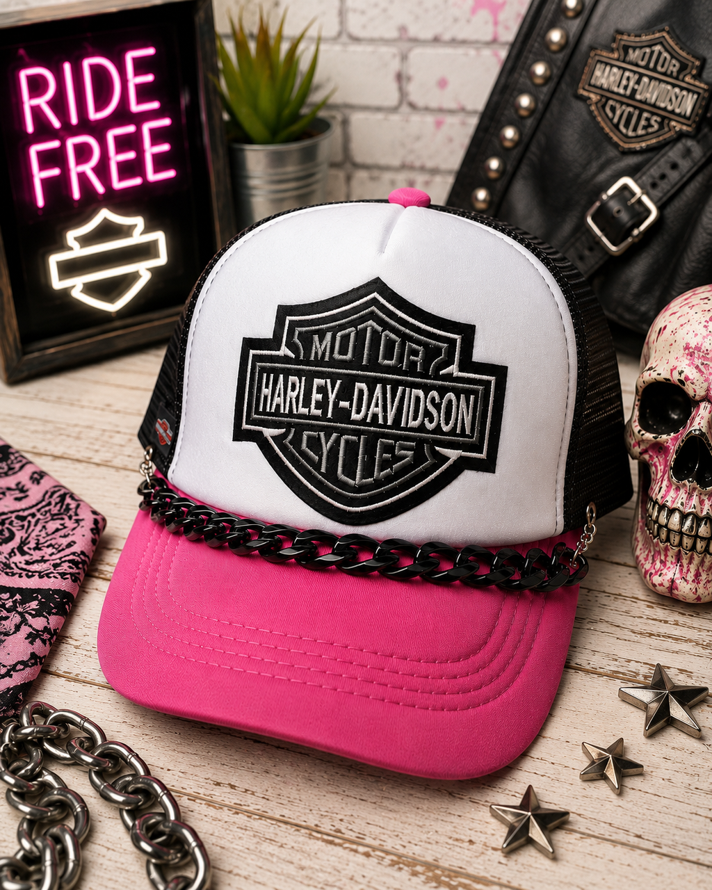 Pink Black & White Checkered Trucker Hat with Hat Chain – Edgy Snapback Cap, Biker Inspired Streetwear Hat