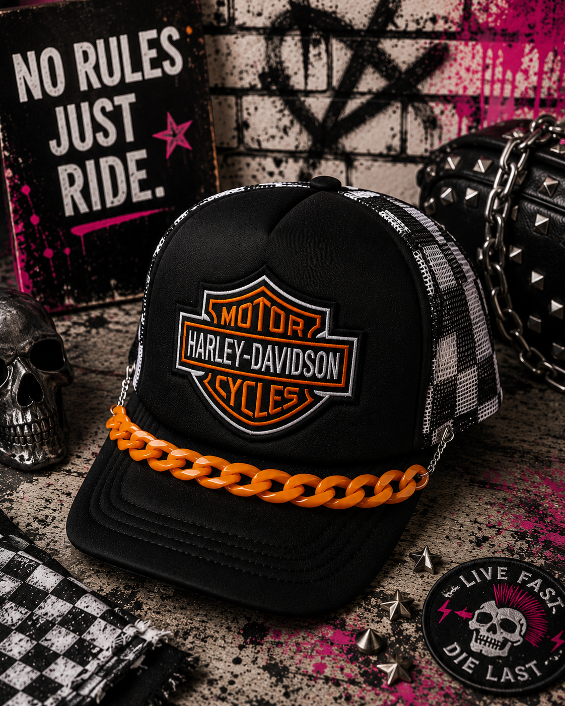 HD Checkered Trucker Hat – Black & White Snapback with Orange Hat Chain, Edgy Biker Hat, Western Streetwear Cap
