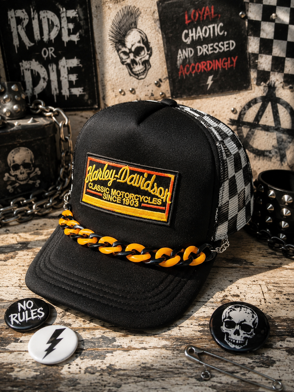 Biker Trucker Hat – Edgy Snapback Cap, Motorcycle Inspired Streetwear Hat, Checkered Western Style Mesh Hat