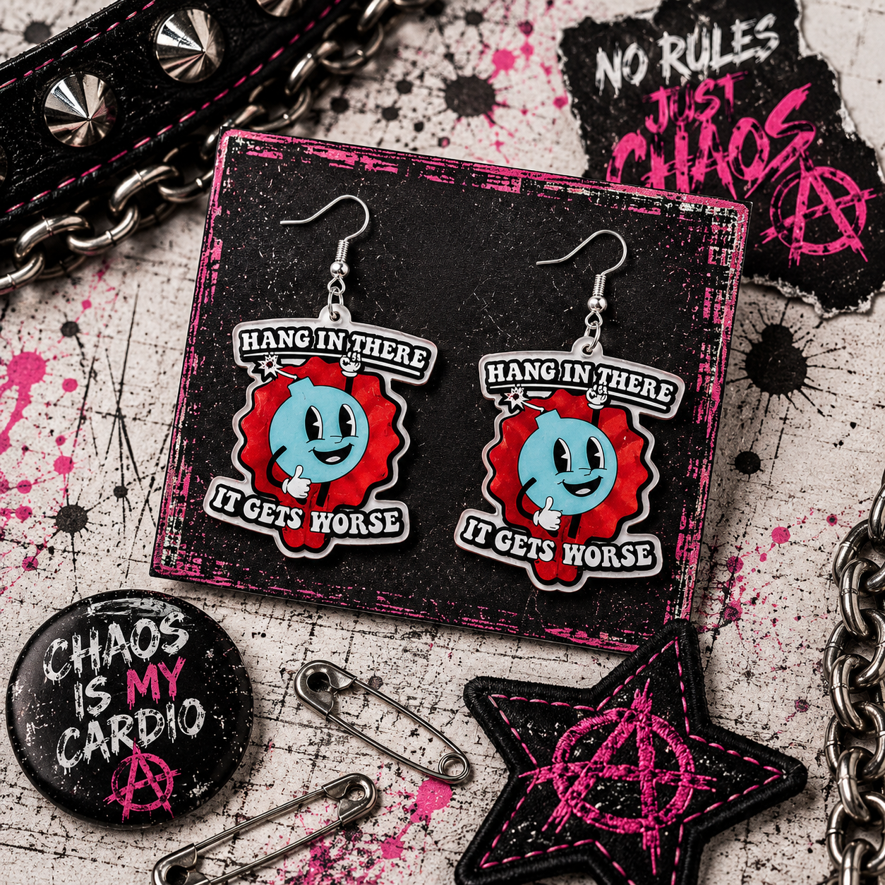 Sarcastic Bomb Dangle Earrings: Blue Acrylic with Bold White Lettering