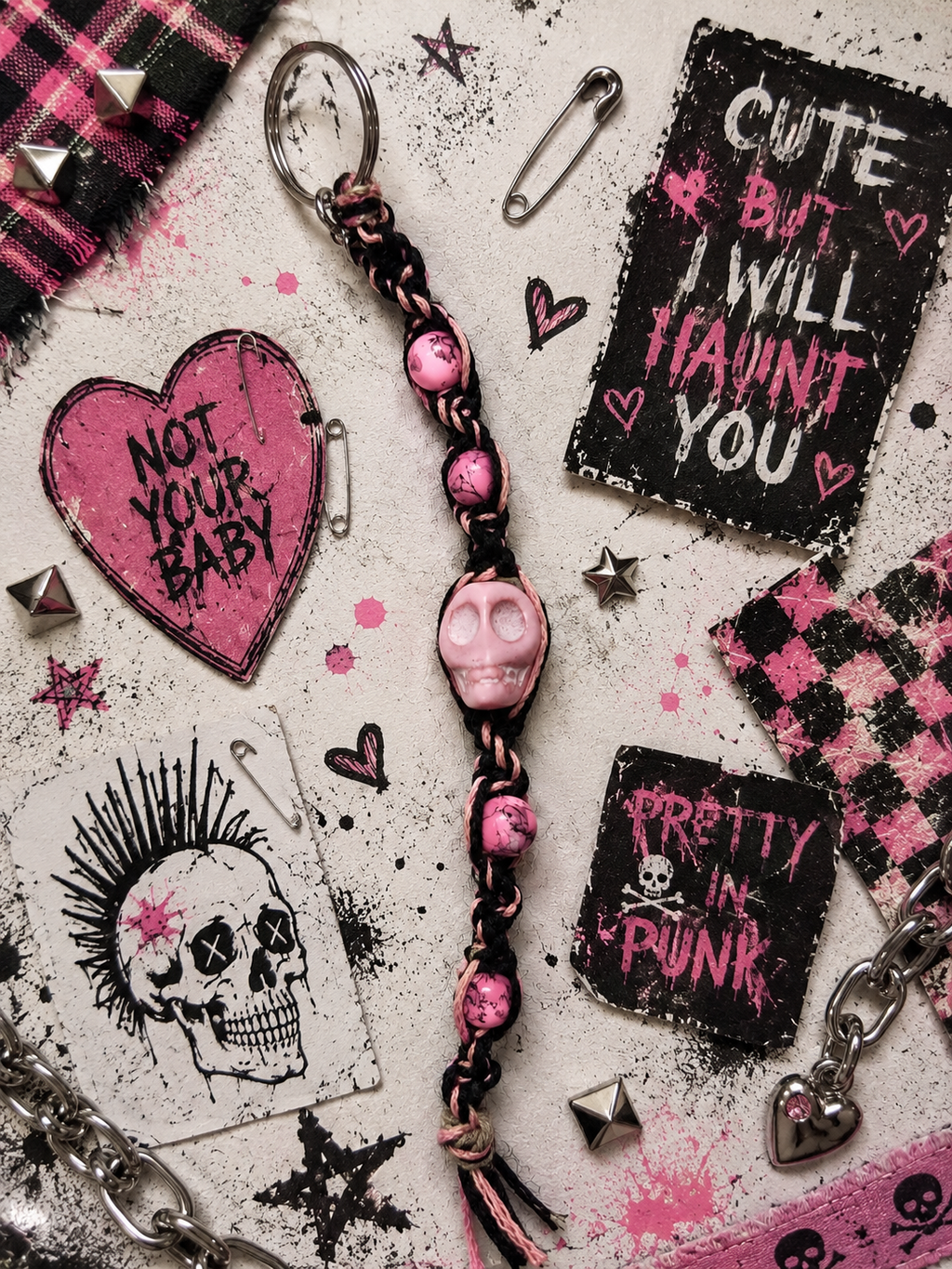 Pastel Goth Skull Keychain | Pink & Black Hemp Keychain | Creepy Kawaii Bag Charm | Soft Punk Accessory | Alternative Gift for Her