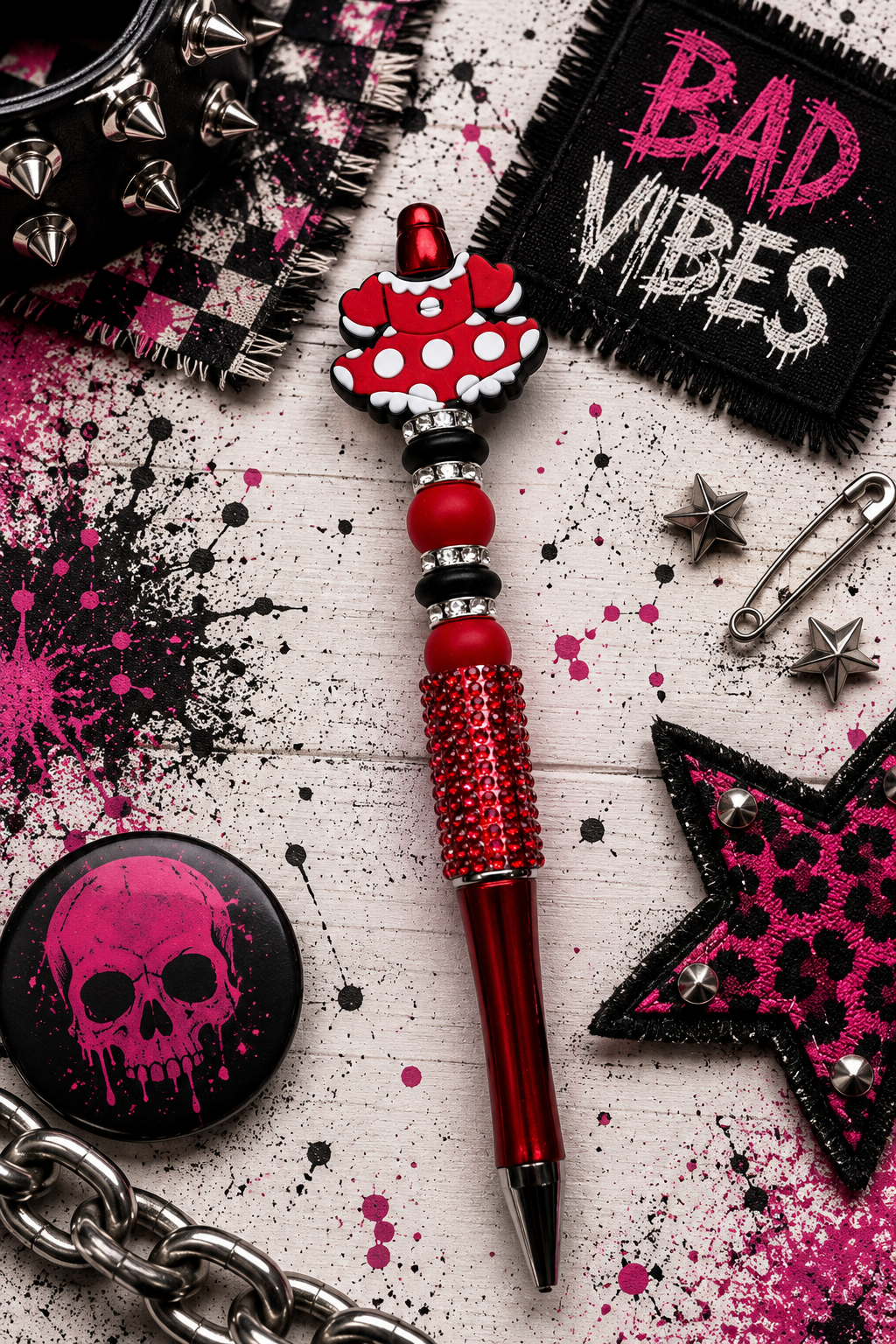 Red, Black & White Beaded Gift Set | Handmade Keychain, Pen & Sticker | Hempin Mayhem